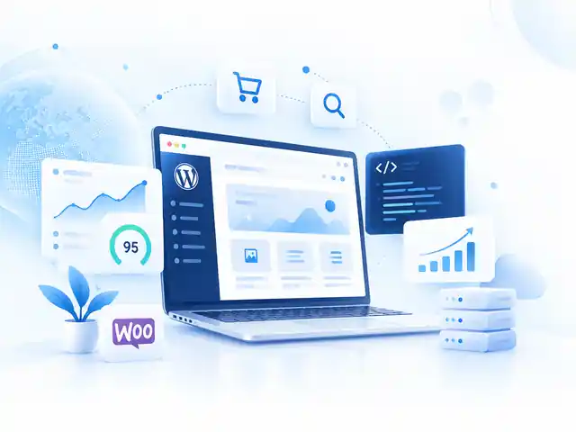 تصميم تقني يوضح WordPress وWooCommerce وتحسين الأداء وSEO