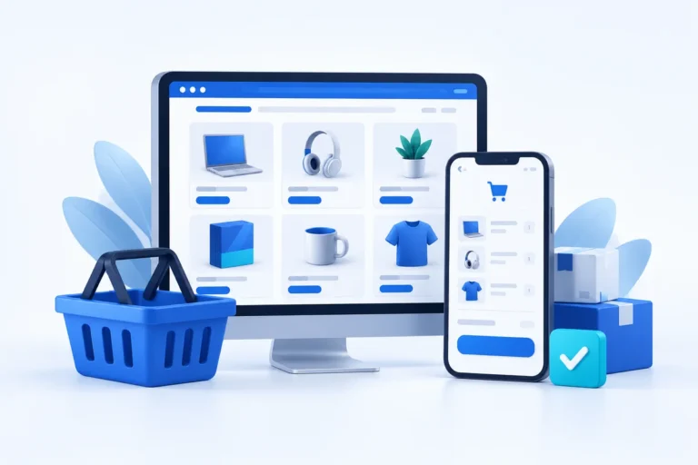 واجهة متجر ووكومرس مع المنتجات والسلة وإتمام الطلب على الموبايل