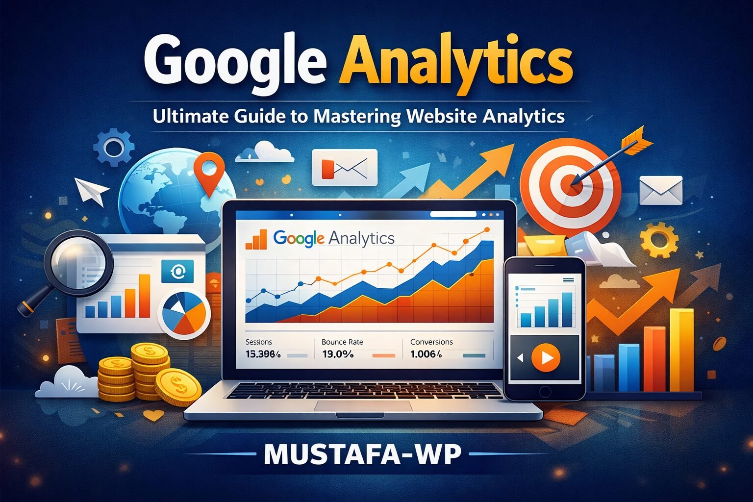 صورة مميزة احترافية من Google Analytics تعرض لوحة تحكم تحليلات الموقع الإلكتروني، والرسوم البيانية، والمخططات، وتصور البيانات، مع نص MUSTAFA-WP