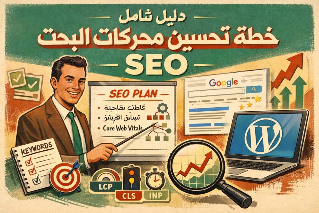 صورة توضيحية تشرح خطة تحسين محركات البحث SEO لمواقع ووردبريس وبناء ترتيب مستدام في جوجل