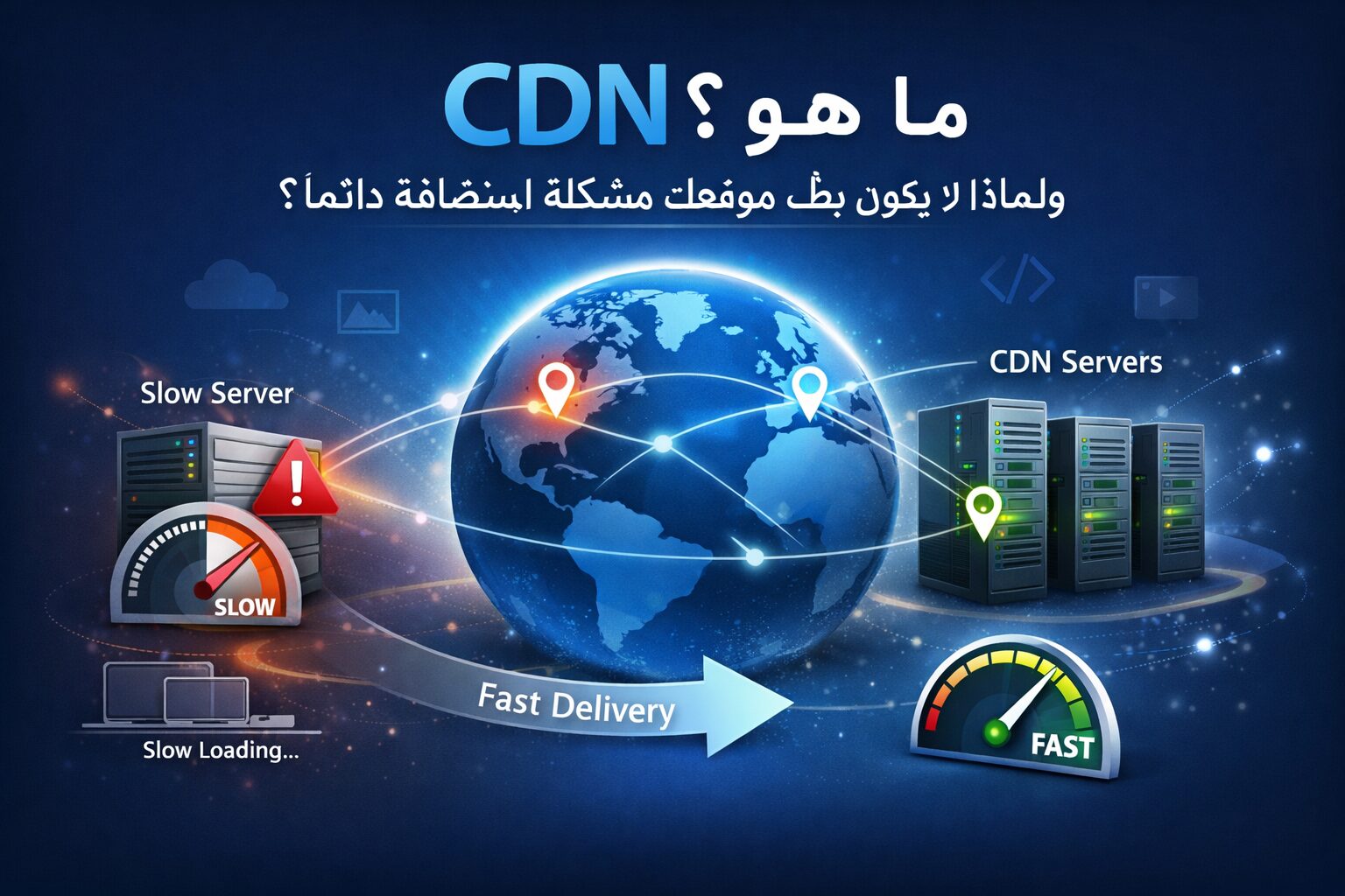 ما هو CDN وكيف يساعد على تسريع المواقع من خلال توصيل المحتوى من أقرب خادم للمستخدم وتقليل زمن التحميل.