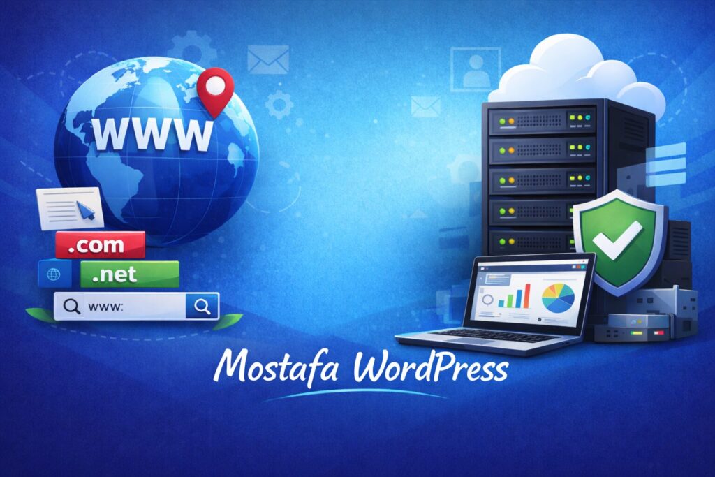 صورة توضح الدومين والاستضافة مع خوادم ويب وأيقونات أمان وإنشاء مواقع إلكترونية