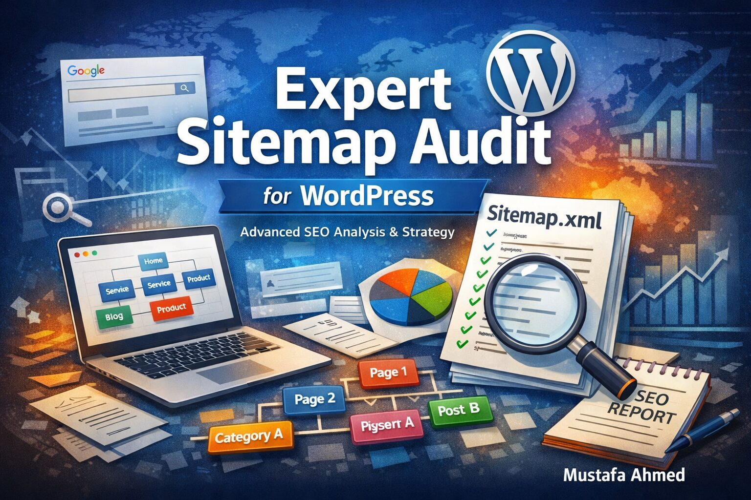 Expert sitemap audit for WordPress websites showing sitemap.xml structure, SEO analysis, and search engine indexing – by Mustafa-wp إضافة ملف Sitemap لموقع ووردبريس- إضافة Sitemap لووردبريس