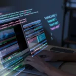 programming background with person working with codes computer