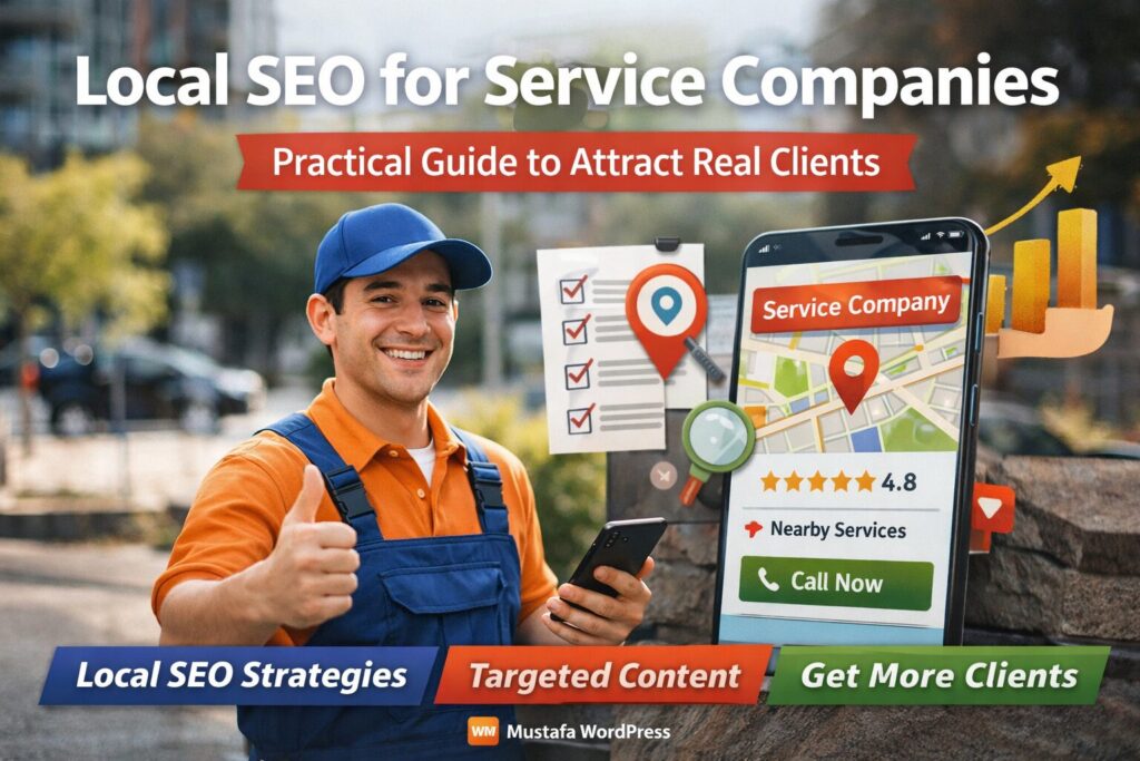 السيو المحلي-خبير خدمات يستخدم الهاتف لعرض نتائج السيو المحلي لشركة خدمية مع خريطة وتقييمات العملاء