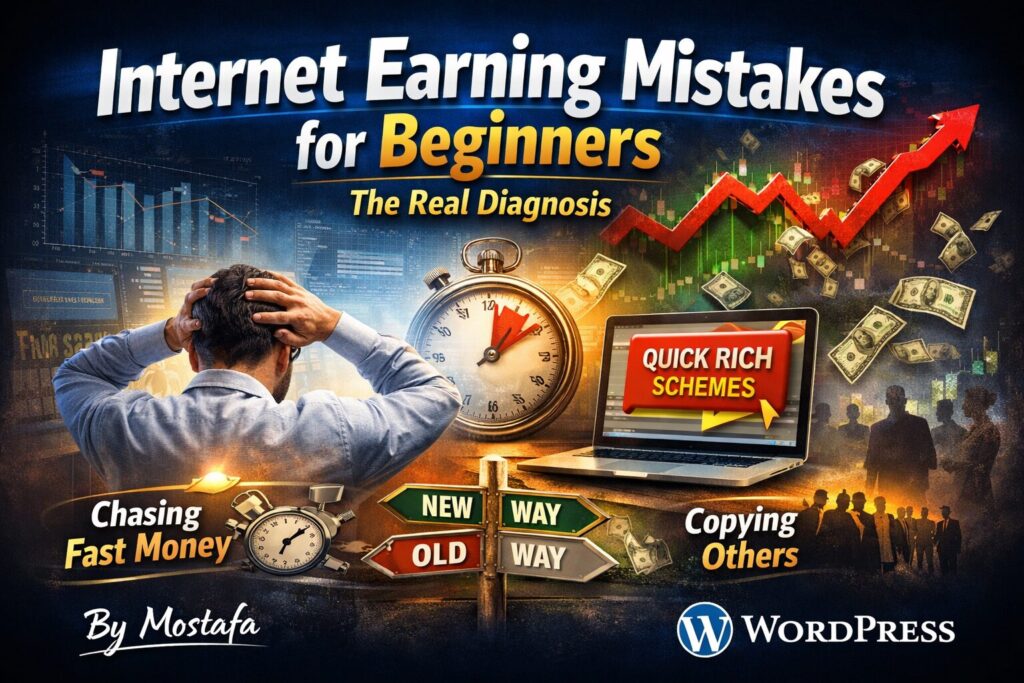 صورة توضيحية تشرح أخطاء الربح من الإنترنت للمبتدئين والأسباب الحقيقية للفشل في بناء دخل رقمي مستدام – مصطفى ووردبريس