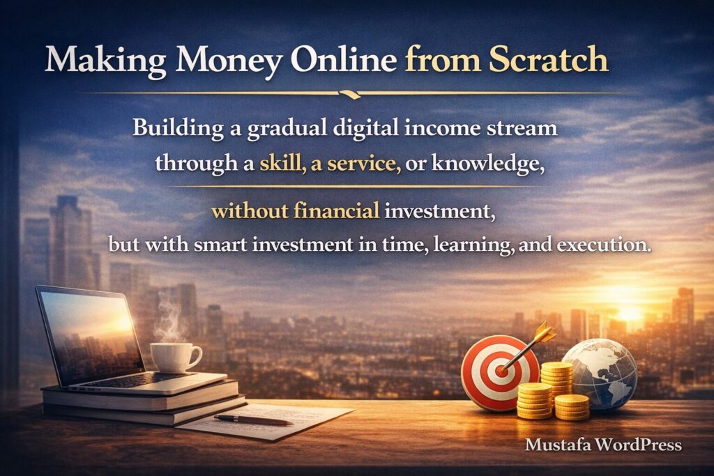 صورة توضيحية تشرح مفهوم الربح من الإنترنت من الصفر وبناء دخل رقمي تدريجي بدون رأس مال من خلال المهارات والتعلم والعمل الذكي – مصطفى ووردبريس