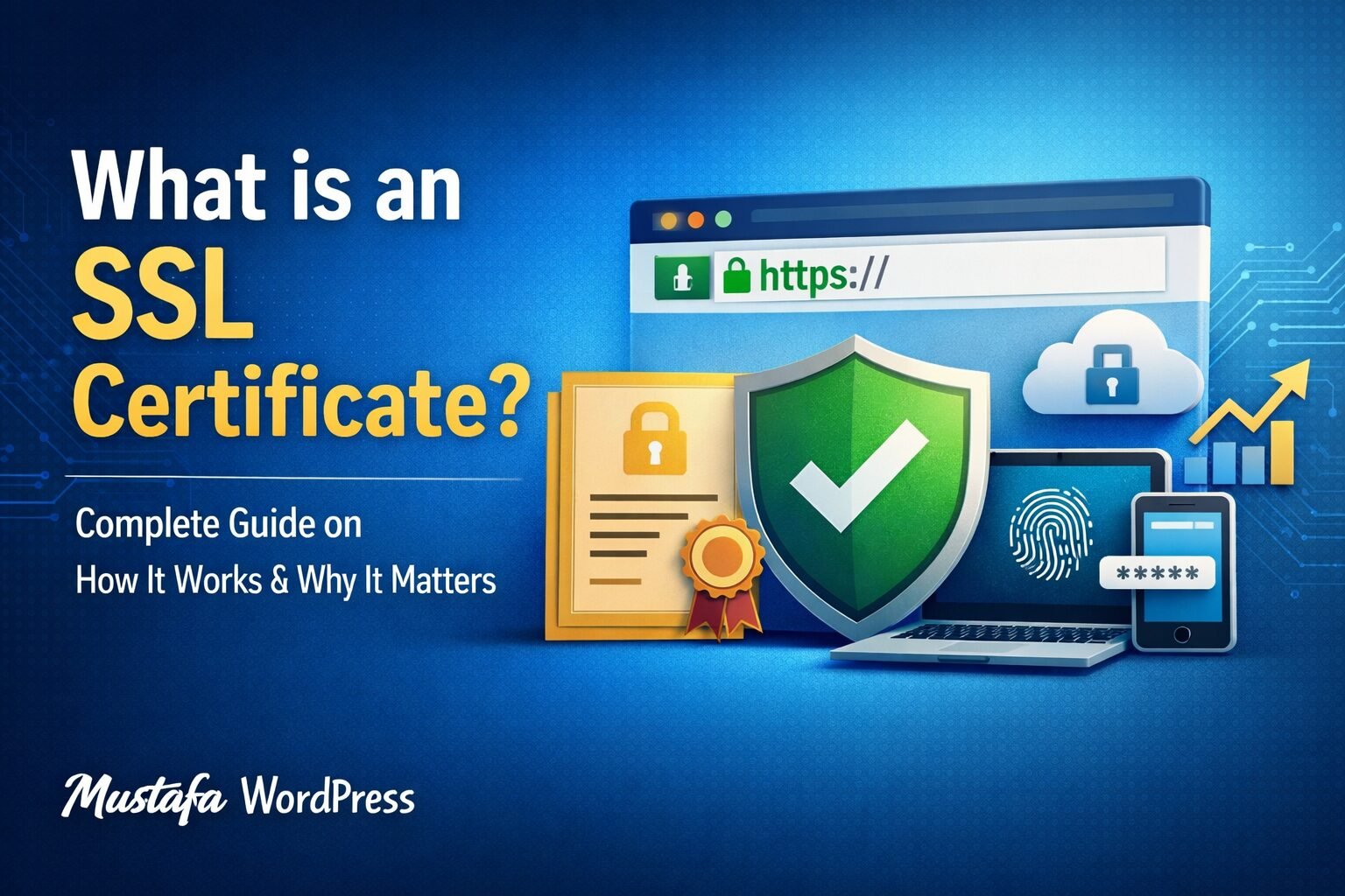 صورة توضيحية تشرح مفهوم SSL Certificate وتأمين المواقع عبر HTTPS مع إبراز علامة Mustafa WordPress