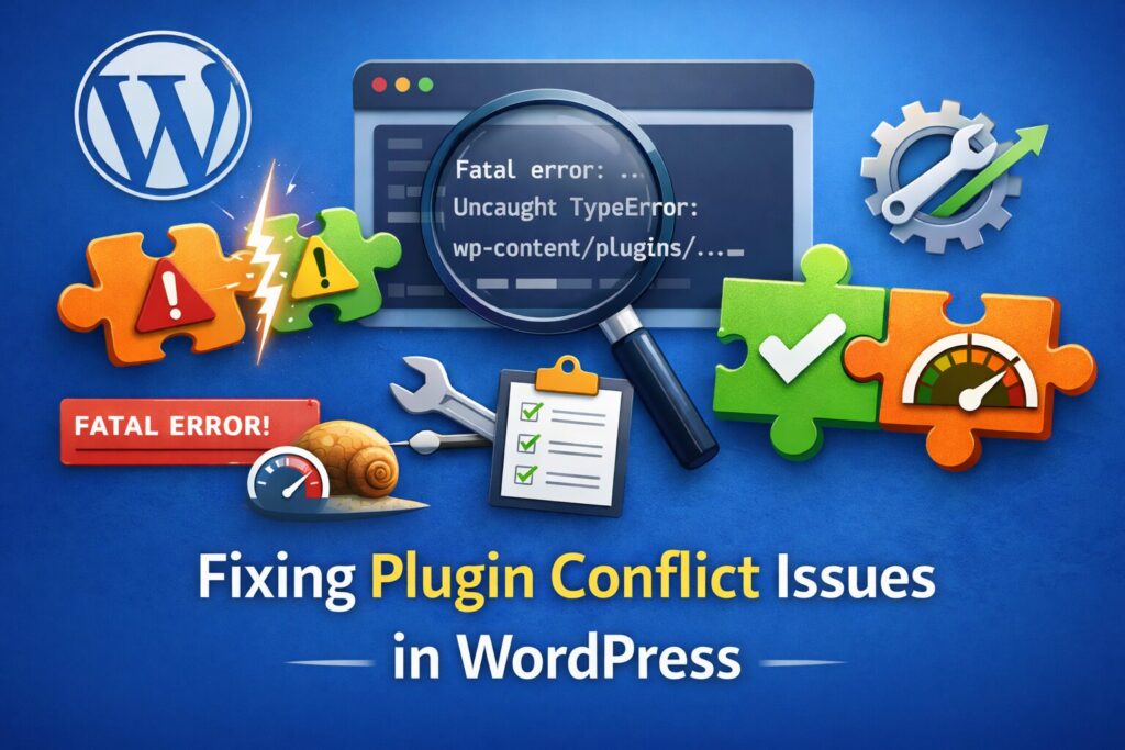 "رسم توضيحي لحل مشاكل تعارض الإضافات في ووردبريس، يظهر فيه شعار ووردبريس مع قطع أحجية تشير إلى الأخطاء وإصلاحها، بالإضافة إلى أدوات فحص وتصليح، وكل ذلك على خلفية زرقاء. حل مشكلة تعارض الإضافات في ووردبريس