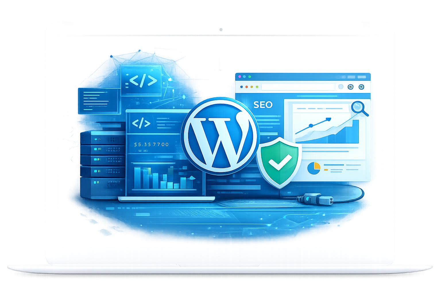 تصميم وتطوير مواقع ووردبريس مع تحسين السيو والأمان والأداء التقني