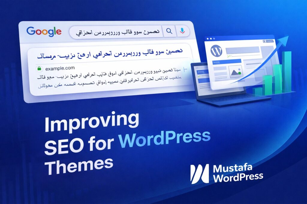 تحسين سيو قالب ووردبريس احترافي يوضح تأثير بنية القالب والأداء التقني على ترتيب الموقع في نتائج البحث.