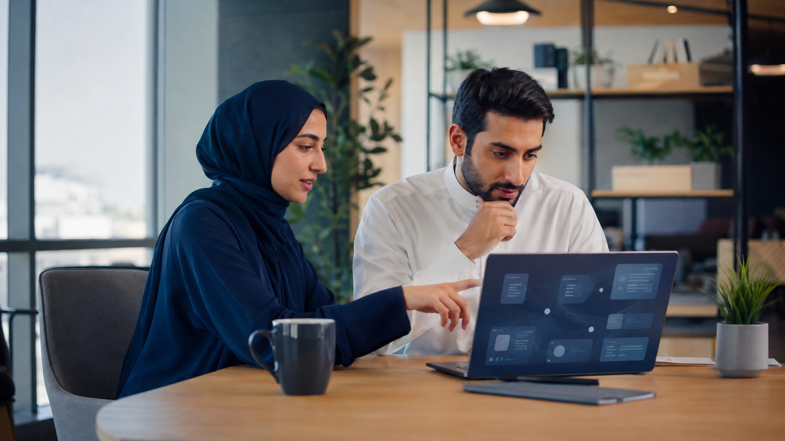 شاب وفتاة يتعلمان استخدام الذكاء الاصطناعي على حاسوب محمول في مساحة عمل حديثة