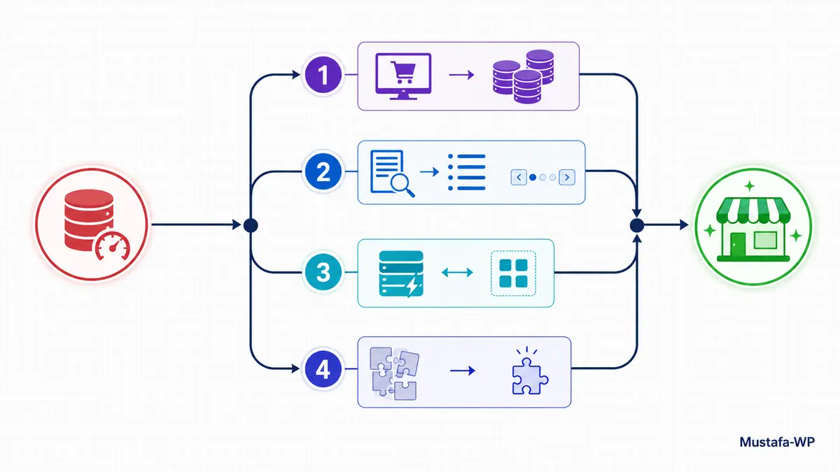 خريطة حلول تحسين استعلامات WooCommerce البطيئة باستخدام API والفهارس والكاش ومنع التكرار