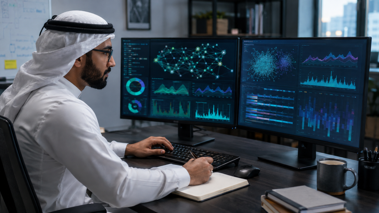 مهندس بيانات يراجع مخططات تدريب نموذج ذكاء اصطناعي على شاشتين