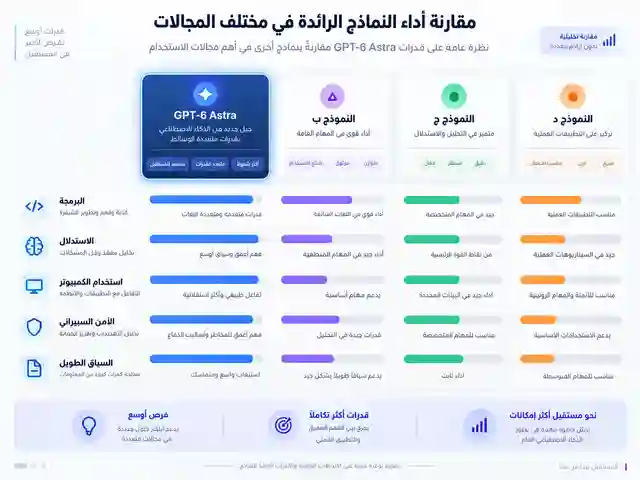 GPT-6 Astra من OpenAI: ما الجديد ونتائج الـ Benchmarks وهل يستحق الاستخدام؟ 2 مقارنة توضيحية لمجالات أداء GPT-6 Astra في البرمجة والاستدلال واستخدام الكمبيوتر والأمن السيبراني والسياق الطويل