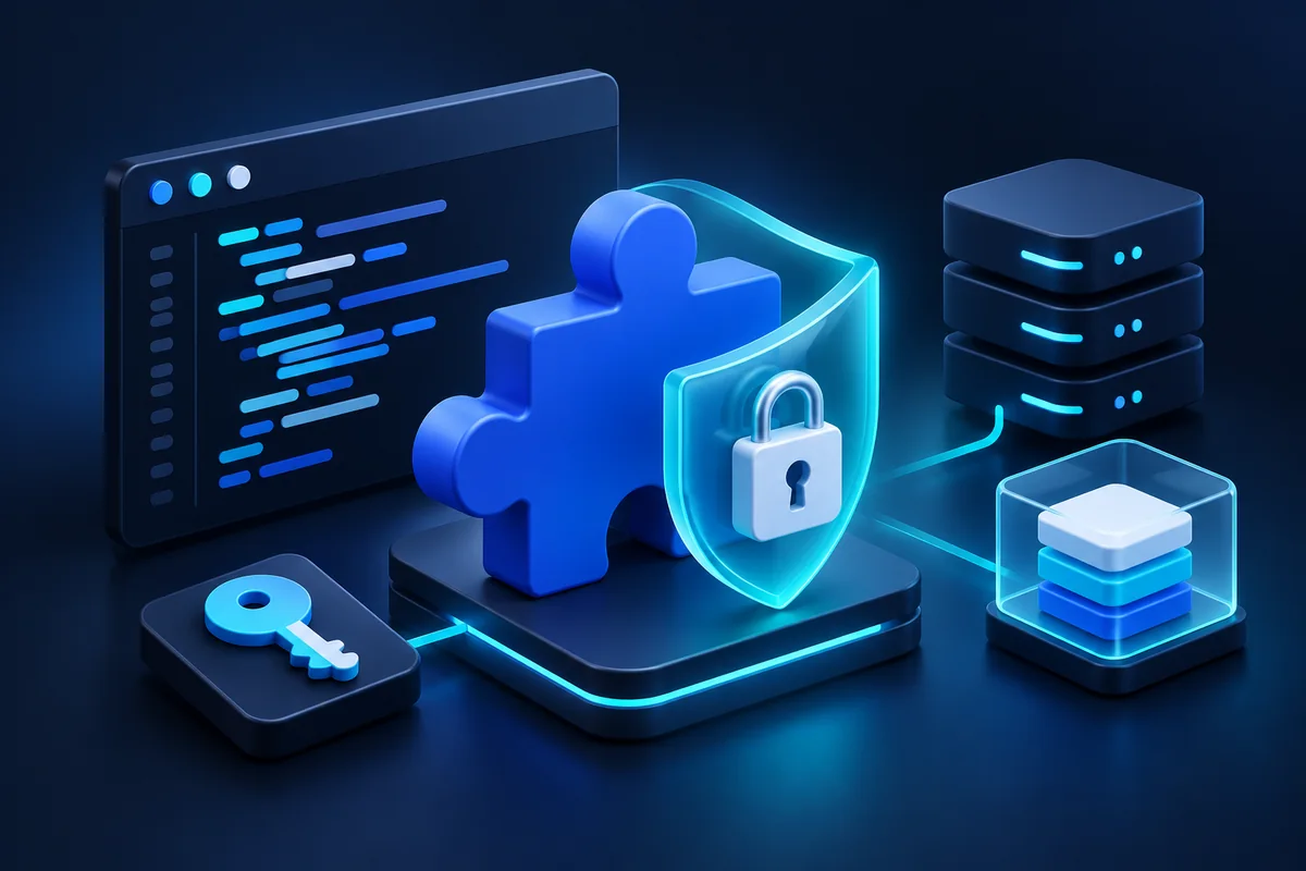 وحدة إضافة محاطة بدرع وقفل بجانب الكود والصلاحيات والبيانات