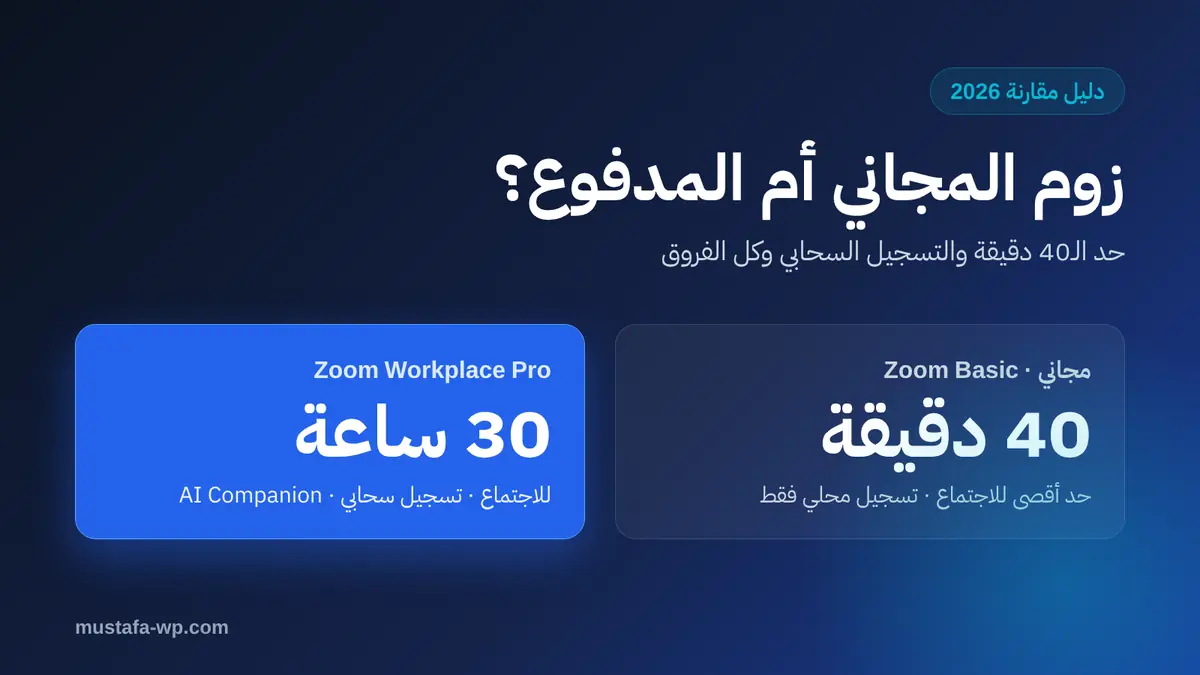 زوم المجاني أم المدفوع؟ حد الـ40 دقيقة وكل الفروق في 2026 1 مقارنة زوم المجاني Zoom Basic بحد 40 دقيقة للاجتماع مع Zoom Workplace Pro حتى 30 ساعة وتسجيل سحابي